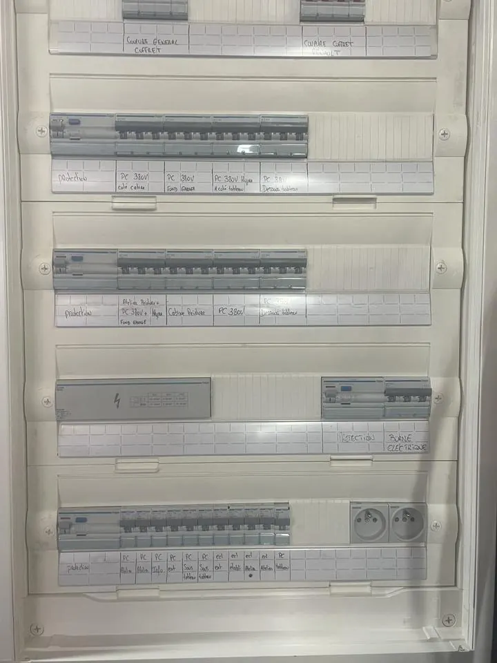 Grand tableau électrique d'atelier, circuits repérés un par un — chantier I ELEC